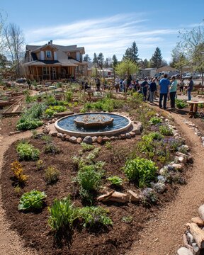 Edible landscaping guild around Earth Day neighborhood fountain, comfrey borders feeding berry bushes and nitrogen-fixing trees, elders sharing harvest baskets, 