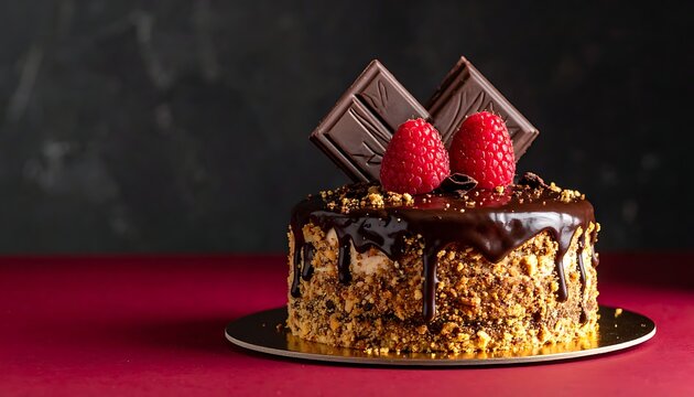 Small, iced cake topped with raspberries and dark chocolate, sitting on a gold base
