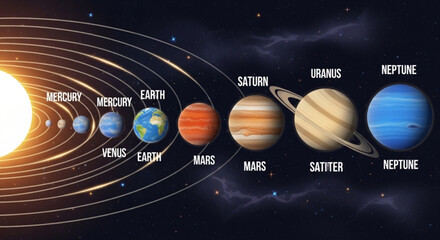 Solar system planetary orbits with sun and planets in space © Shah