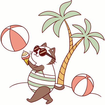 A Relaxed Birman with with a balloon in a Summer Vacation theme &ndash; Beach Bliss palette SVG illustration