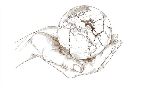 Hand Holding Earth Globe Sketch Symbolizing Care and Responsibility