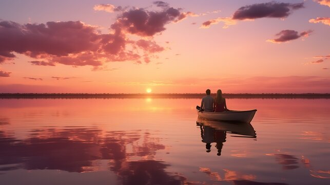A couple enjoying a peaceful moment on a boat in the middle of a lake.