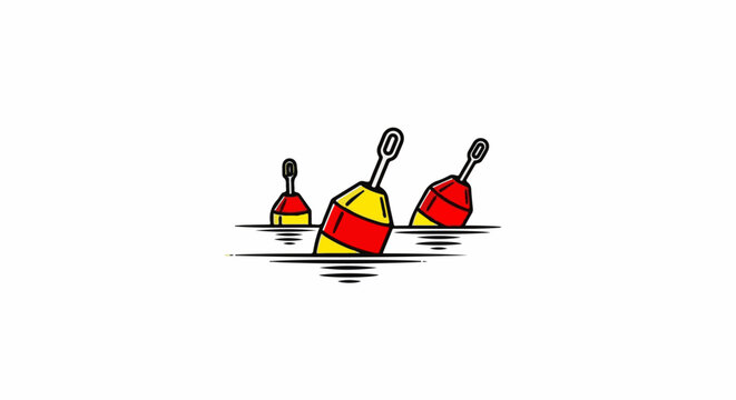 Three red and yellow buoys float on rippling water, graphic style