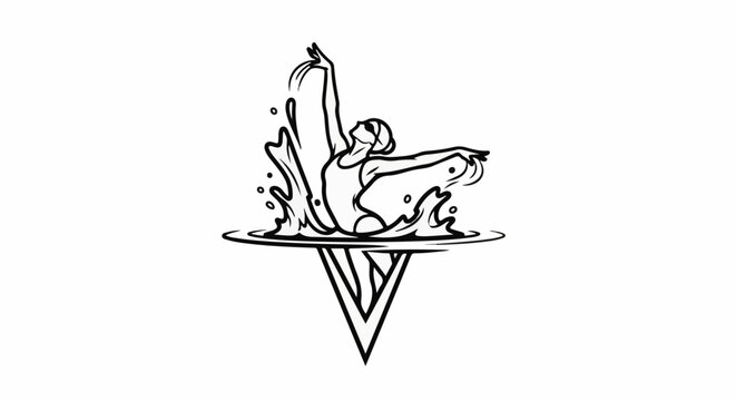 Stylized swimmer emerges from water splash with abstract inverted V below