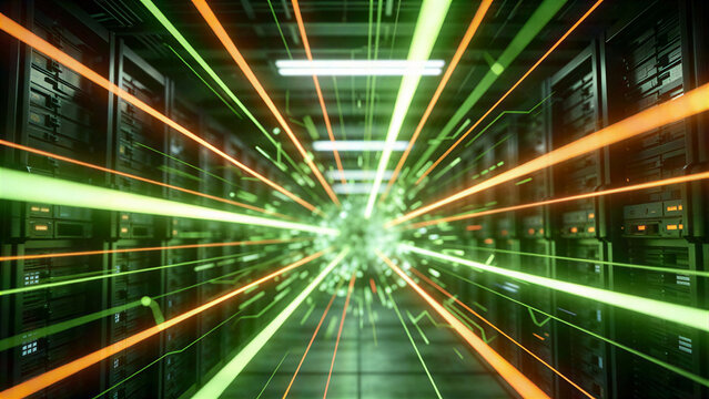 Explosive Burst of Glowing Fiber Optic Light Beams in Dark Server Room