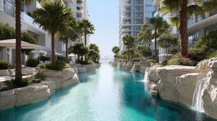 Fototapeta premium A stunning scene unfolds with a sparkling waterway bordered by elegant palm trees and modern high-rise buildings. Luxurious loungers invite relaxation in this serene, sunlit paradise