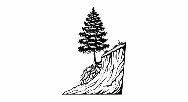Tall conifer tree clings to a steep, eroded cliff edge