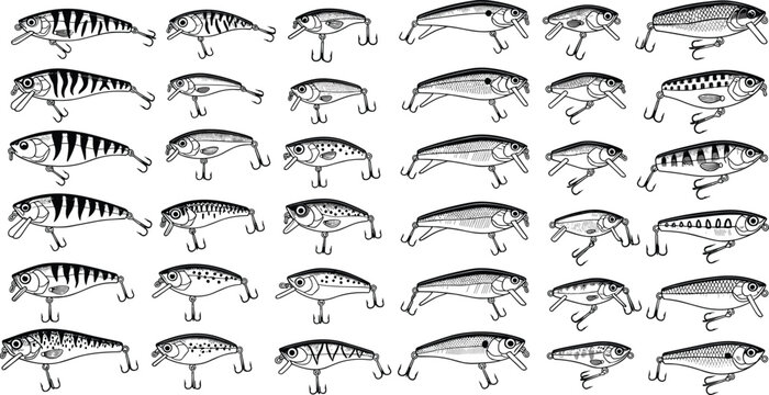 Fishing Lure Set Collection with Various Crankbait, Minnow, and Artificial Bait Designs Detailed Line Art Vector Illustration for Angling and Tackle Design Use