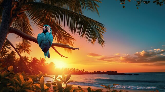 sunset at the beach with parrot, Sunset beach landscape outdoors.