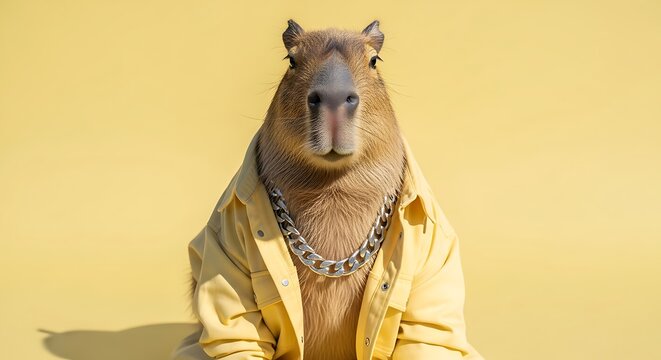 Funny anthropomorphic capybara wearing a stylish yellow jacket and silver chain necklace, looking cool on a yellow background