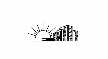 Naklejka premium Sunrise over modern buildings by the water