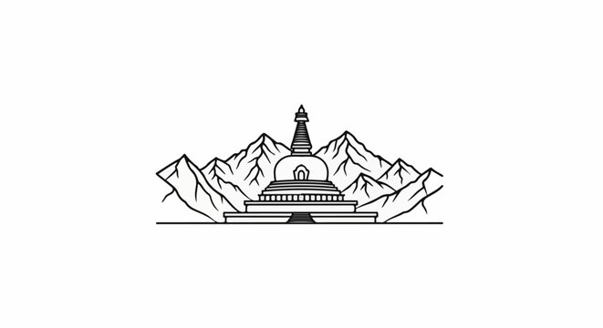 Stylized line art of a stupa with mountains behind