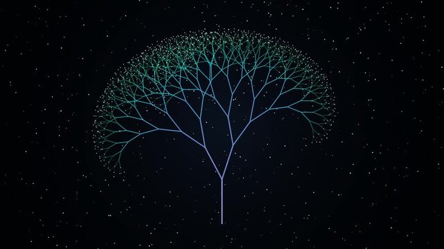 Glowing blue tree-like network animation with particles on a dark starry background