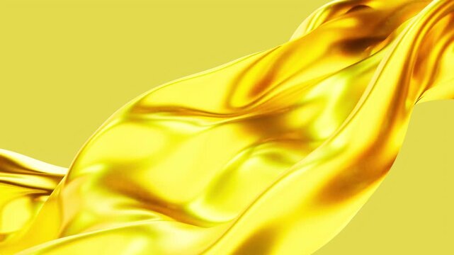 Abstract fluid gold metal animation. Glossy liquid metallic fabric flowing and waving in space. Luxury golden chrome textile with smooth reflective surface on minimal background, 3D render