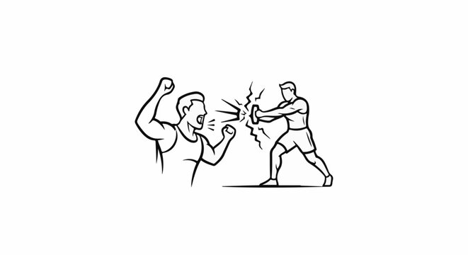 Two athletic men in a confrontational pose, one yelling, the other with a block