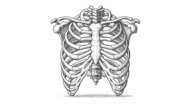 Detailed anatomical illustration of the human rib cage, showing the sternum, ribs, and thoracic vertebrae on a white background.