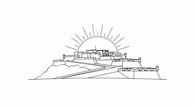Stylized outline of a fortified structure atop a hill, with a sunburst behind it