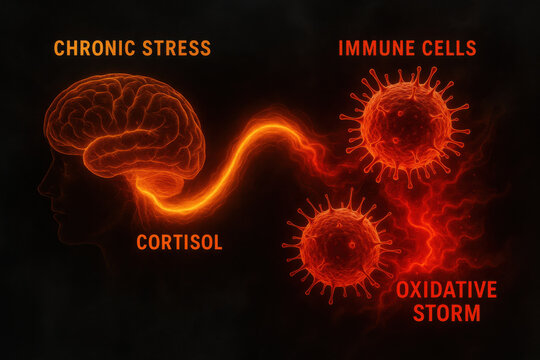 Medical diagram of chronic stress increasing systemic inflammation. glowing orange cortisol wave moves from brain to immune cell, triggering red oxidative storm on dark background