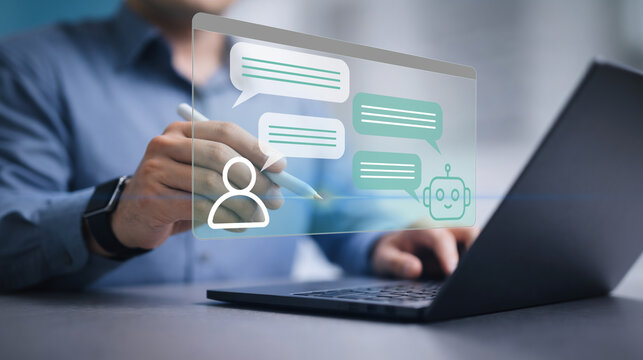 Conversational AI and NLP chat assistant concept. Artificial intelligence for business communication and text processing. Businessperson using laptop with virtual chat interface.