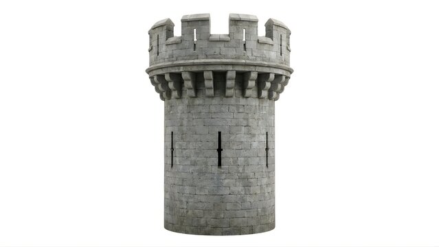 A gray stone castle tower with battlements and windows on transparent background