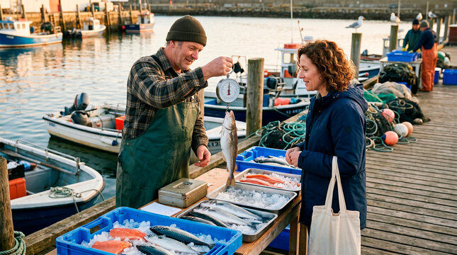 A Fisherman Selling Fresh Fish to a Customer by the Dockside
