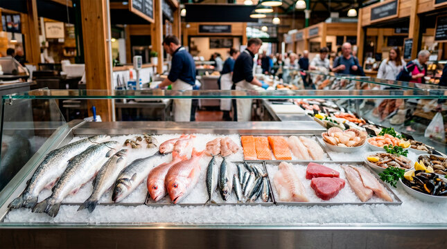 A bustling seafood market with a variety of fresh fish on display, showcasing a vibrant array of aquatic delicacies 