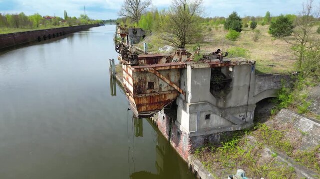 Flying over an abandoned port and its infrastructure