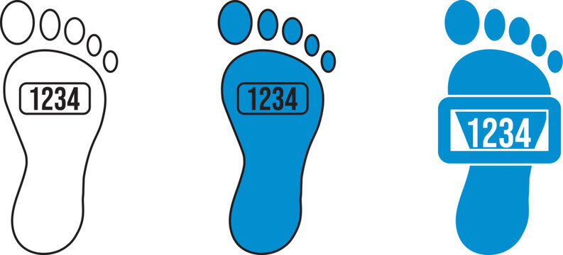 Set of three footprint icons with number 1234 displayed inside a rectangular label