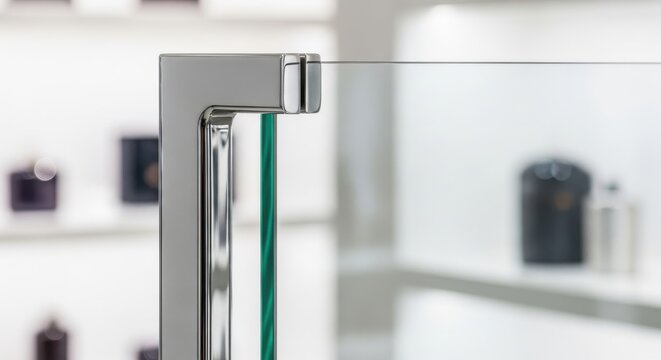Gleaming chrome handle attached to a modern glass shower door, showcasing sleek design and functionality