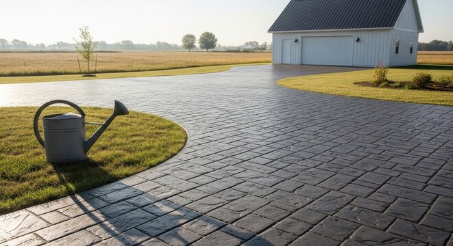 Elegant Stamped Asphalt Driveway with Cobblestone Texture Leading to a Modern Residential Garage