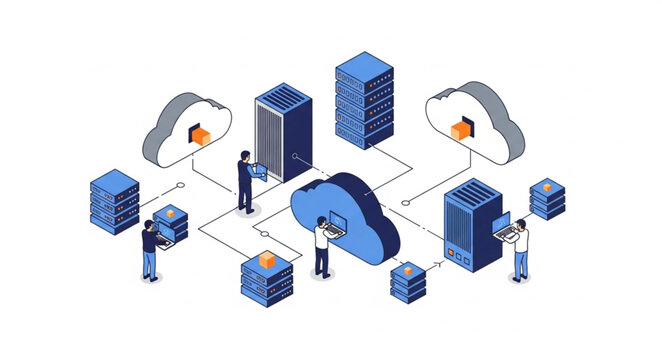 People working with cloud server network.