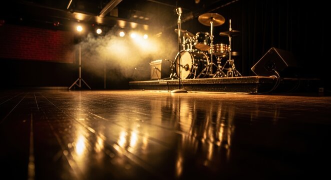 Polished dark wood floor and drum kit illuminated on a smoky stage in a jazz club ready for performance