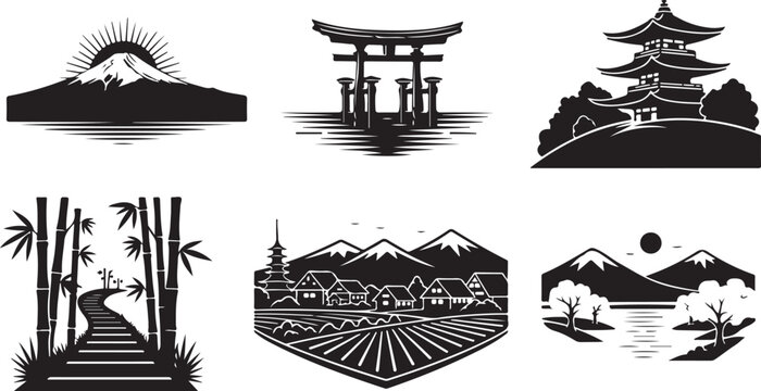 Black and white of traditional japanese symbols and koi fish carp bamboo