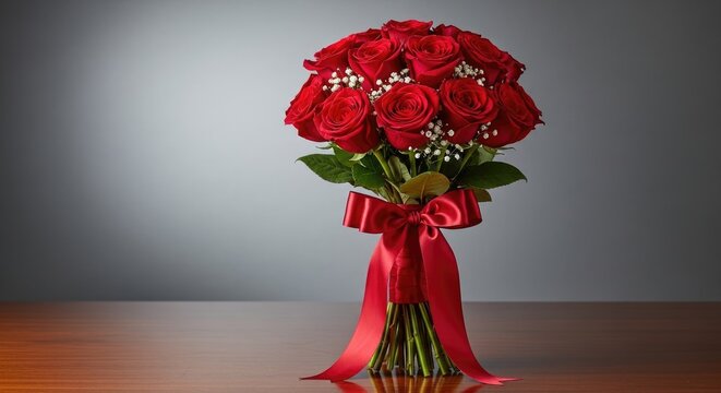 A beautiful bouquet of red roses is presented in a vase. The roses are tied with a red satin ribbon.