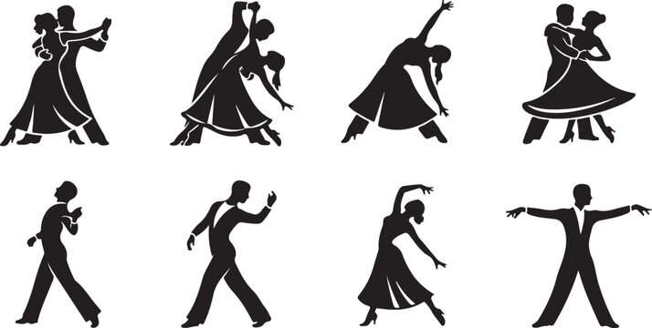 Black silhouette of people dancing and playing musical instruments dancing figures playing guitar de