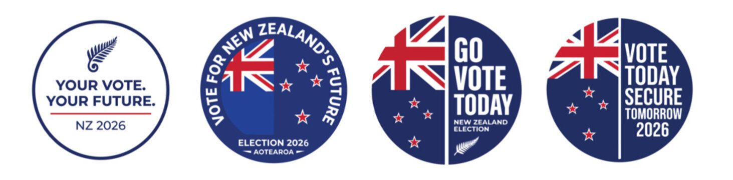 NZ Election 2026 Voting Badge Set Modern Flag Inspired Sticker Collection, New Zealand Vote 2026 Round Badge Bundle Political Campaign Vector Set, Election Badge Pack NZ 2026 Minimal Voting Stickers