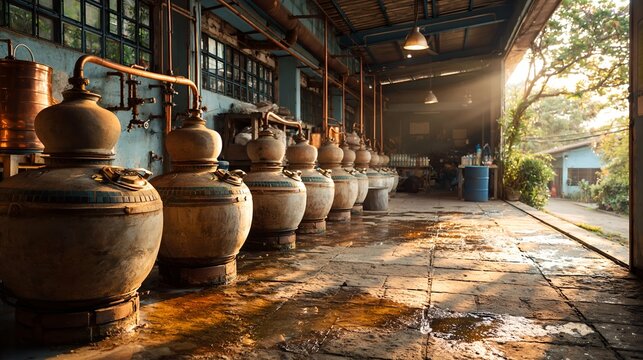 Traditional distillery with copper stills in rustic industrial warehouse