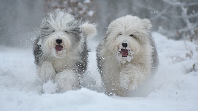 Two fluffy white dogs running through snow in winter