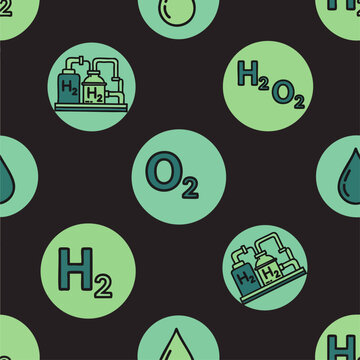 Seamless pattern of chemical formulas and symbols related to hydrogen and oxygen, including water and hydrogen peroxide.