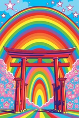 Fototapeta premium Colorful Rainbow and Japanese Torii Gate Illustration