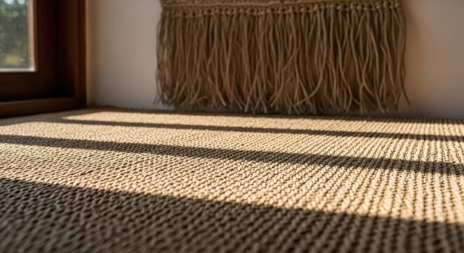 Close-up of a natural woven jute flooring texture with fringe detail and contrasting sunlight shadows