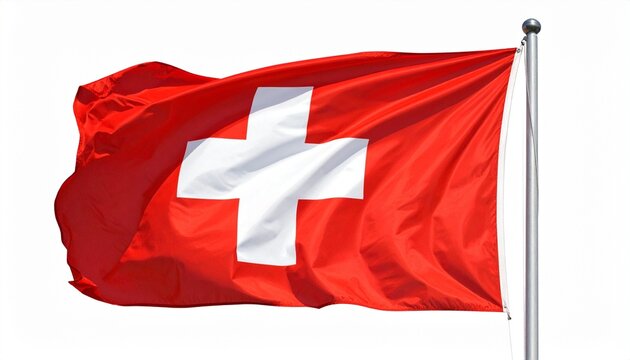 Switzerland national flag with bold white equilateral cross centered on red square background, waving on silver flagpole, symbolizing neutrality, peace, independence, and national identity.