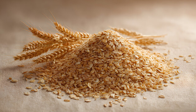Heap of oatmeal groats and wheat ears on a beige background. Dry cereal flakes form a mound shape for a healthy breakfast meal. Natural ingredients for porridge and muesli.