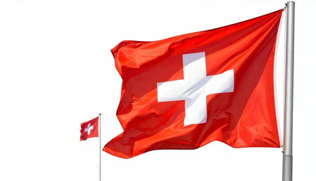 Switzerland national flag with bold white equilateral cross centered on red square background, waving on silver flagpole, symbolizing neutrality, peace, independence, and national identity.
