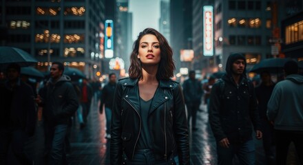 Obraz premium A beautiful woman walks through a rainy city street. She wears a black leather jacket and a dark t-shirt.