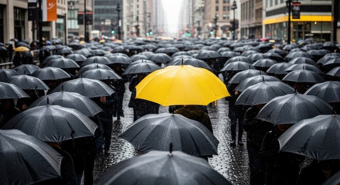 A solitary yellow umbrella stands out amidst a dense crowd of people walking in the rain. The umbrellas are predominantly black, creating a stark contrast.