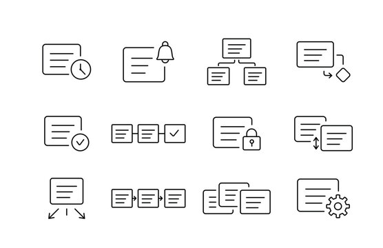 A set of review system logic UI icons for workflow automation, routing, and approval processes in web and app interfaces, created in line style with editable stroke