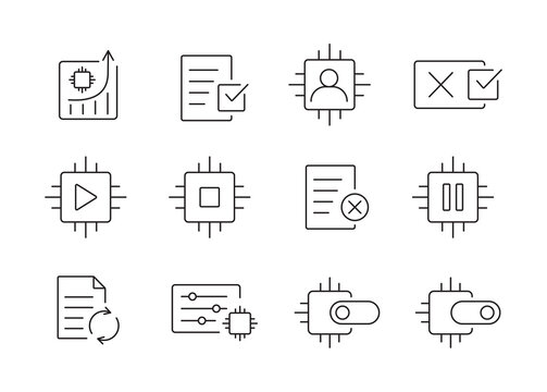 A set of AI governance operation icons for managing model behavior, controlling features, reviewing decisions, and handling exceptions in AI systems, created in line style with editable stroke