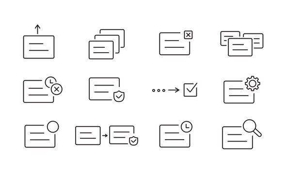 A set of access approval workflow UI icons for request handling, multi-step approvals, and decision processes in web and app interfaces, created in line style with editable stroke