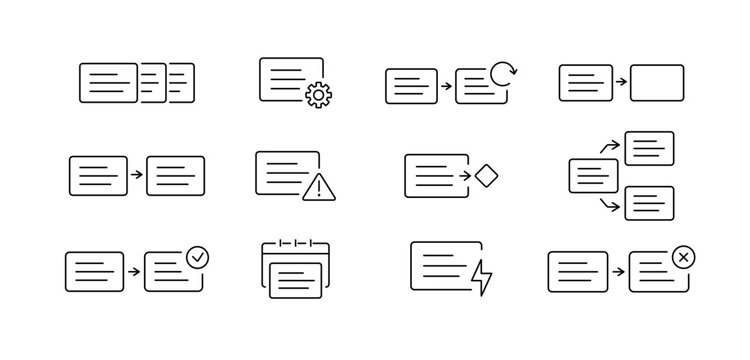 Workflow logic UI icon set for process automation, step control, conditional routing, and execution flow in web and app interfaces, created in line style with editable stroke